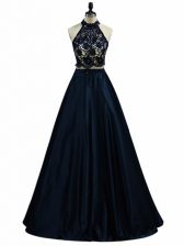  Navy Blue Taffeta Zipper Halter Top Sleeveless Floor Length Homecoming Dress Lace and Appliques