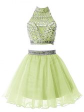 Best A-line Quinceanera Dama Dress Yellow Green High-neck Organza Sleeveless Knee Length Zipper