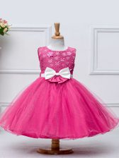 Unique Sleeveless Zipper Knee Length Lace and Bowknot Pageant Gowns For Girls