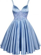 Beauteous Light Blue A-line Spaghetti Straps Sleeveless Elastic Woven Satin Knee Length Lace Up Lace Damas Dress
