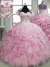 Unique Baby Pink Ball Gowns Sweetheart Sleeveless Organza Brush Train Lace Up Beading and Ruffles Quinceanera Gown