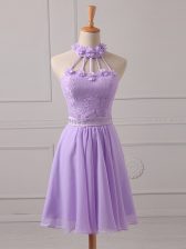  Lavender A-line Halter Top Sleeveless Chiffon Mini Length Lace Up Lace and Appliques Damas Dress