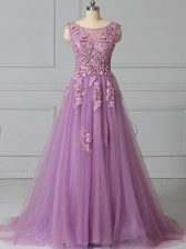 New Arrival Lilac Scoop Neckline Appliques and Pattern Evening Dress Sleeveless Lace Up