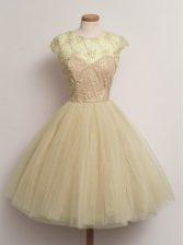  Cap Sleeves Tulle Knee Length Lace Up Quinceanera Court of Honor Dress in Champagne with Lace