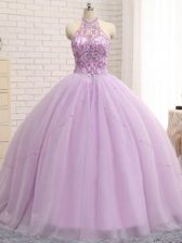 Attractive Halter Top Sleeveless Tulle Sweet 16 Dress Beading Brush Train Lace Up