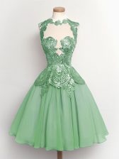 Shining Apple Green A-line Lace Court Dresses for Sweet 16 Lace Up Chiffon Sleeveless Knee Length