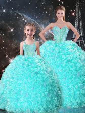  Floor Length Lace Up Quinceanera Gown Turquoise for Military Ball and Sweet 16 and Quinceanera with Beading and Ruffles