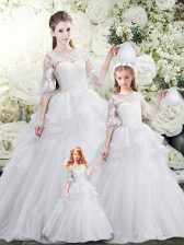 Wonderful White Tulle Lace Up Quinceanera Gown Half Sleeves Sweep Train Lace and Ruffles