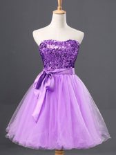 Customized Tulle Sweetheart Sleeveless Zipper Sashes ribbons and Sequins Prom Gown in Lavender