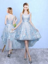 Glorious Light Blue Court Dresses for Sweet 16 Prom and Party with Appliques Scoop Sleeveless Zipper