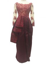 Great Burgundy Taffeta Zipper Scalloped Long Sleeves Floor Length Prom Dresses Lace and Appliques