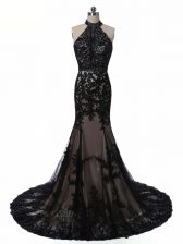  Black Dress for Prom Tulle and Lace Brush Train Sleeveless Lace and Appliques