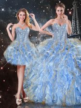 Nice Floor Length Light Blue 15 Quinceanera Dress Organza Sleeveless Beading and Ruffles