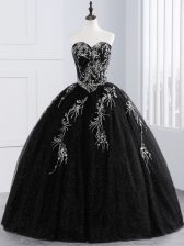  Floor Length Lace Up 15 Quinceanera Dress Black for Military Ball and Sweet 16 and Quinceanera with Embroidery