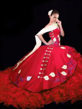 Luxury Red Ball Gowns Embroidery and Ruffles 15 Quinceanera Dress Lace Up Taffeta Sleeveless