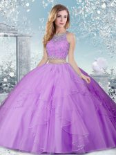  Lavender Tulle Clasp Handle Vestidos de Quinceanera Sleeveless Floor Length Beading