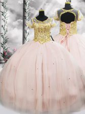 Customized Floor Length Pink Quinceanera Dress Tulle Short Sleeves Beading