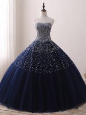 Attractive Beading Quinceanera Gowns Navy Blue Lace Up Sleeveless Floor Length