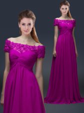 Fabulous Off The Shoulder Short Sleeves Prom Gown Floor Length Appliques Fuchsia Chiffon