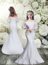 Shining White Lace Lace Up Off The Shoulder 3 4 Length Sleeve Floor Length Flower Girl Dress Lace