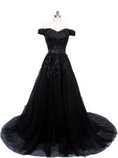  Brush Train A-line Prom Dress Black Off The Shoulder Tulle Sleeveless Lace Up