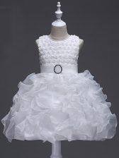 Lovely Knee Length Lace Up Flower Girl Dresses White for Wedding Party with Ruffles and Belt