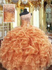  Orange Lace Up One Shoulder Beading and Ruffles 15 Quinceanera Dress Organza Sleeveless