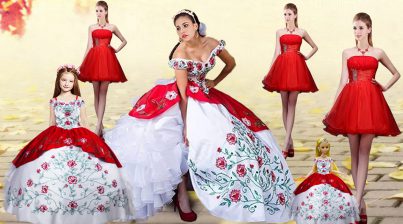  White And Red Ball Gowns Embroidery and Ruffled Layers Quinceanera Dress Lace Up Organza and Taffeta Sleeveless
