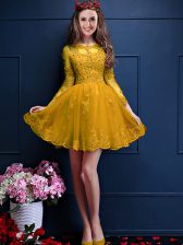 Fabulous Gold A-line Scalloped 3 4 Length Sleeve Chiffon Mini Length Lace Up Beading and Lace and Appliques Quinceanera Court of Honor Dress