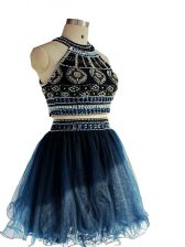  Sleeveless Tulle Mini Length Backless Prom Dresses in Navy Blue with Beading