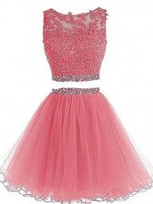  Pink Zipper Homecoming Dress Beading and Lace and Appliques Sleeveless Mini Length