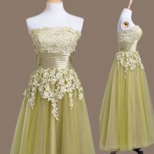 Glittering Olive Green Tulle Lace Up Strapless Sleeveless Tea Length Court Dresses for Sweet 16 Appliques
