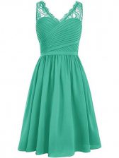  Green Side Zipper V-neck Lace and Ruching Dama Dress Chiffon Sleeveless
