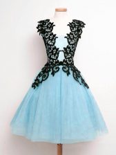 Popular Knee Length Lace Up Damas Dress Aqua Blue for Prom and Party and Wedding Party with Lace