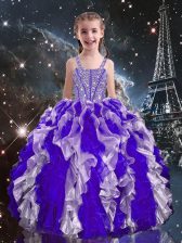 Super Beading and Ruffles Little Girl Pageant Gowns Purple Lace Up Sleeveless Floor Length