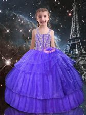  Organza Straps Sleeveless Lace Up Beading and Ruffled Layers Party Dress in Eggplant Purple
