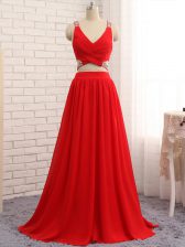  Two Pieces Sleeveless Red Prom Dress Brush Train Criss Cross