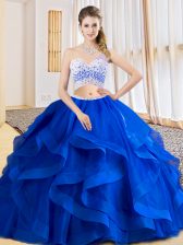 Fine Two Pieces Quinceanera Gowns Royal Blue One Shoulder Tulle Sleeveless Floor Length Criss Cross
