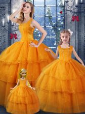 Cute Orange Ball Gowns Ruffled Layers Sweet 16 Dresses Lace Up Organza Sleeveless Floor Length