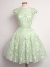 Affordable Knee Length A-line Cap Sleeves Yellow Green Court Dresses for Sweet 16 Lace Up