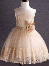 Customized Champagne Sleeveless Knee Length Lace and Hand Made Flower Zipper Girls Pageant Dresses