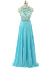  Aqua Blue Prom Evening Gown Prom and Sweet 16 and Beach with Beading Scoop Sleeveless Zipper