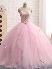 Fitting Beading and Ruffles Sweet 16 Quinceanera Dress Baby Pink Lace Up Sleeveless Brush Train