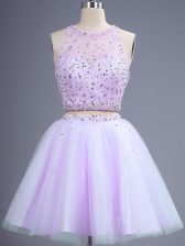 Attractive Lavender Two Pieces Beading Damas Dress Lace Up Tulle Sleeveless Knee Length