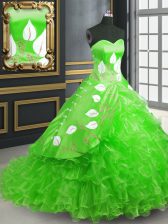 Stylish Lace Up Sweet 16 Dresses Green for Military Ball and Sweet 16 and Quinceanera with Embroidery Brush Train