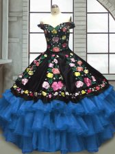  Blue And Black Organza and Taffeta Lace Up Sweet 16 Quinceanera Dress Sleeveless Floor Length Embroidery and Ruffled Layers