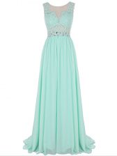  Apple Green Chiffon Backless Scalloped Sleeveless Prom Dresses Brush Train Beading and Lace and Appliques