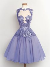  Lilac Chiffon Lace Up Quinceanera Dama Dress Sleeveless Knee Length Lace