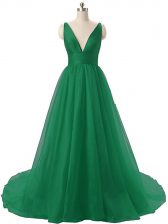  Dark Green Organza Backless V-neck Sleeveless Prom Dresses Brush Train Ruching