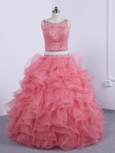 Custom Fit Floor Length Zipper Quince Ball Gowns Watermelon Red for Military Ball and Sweet 16 and Quinceanera with Beading and Ruffles